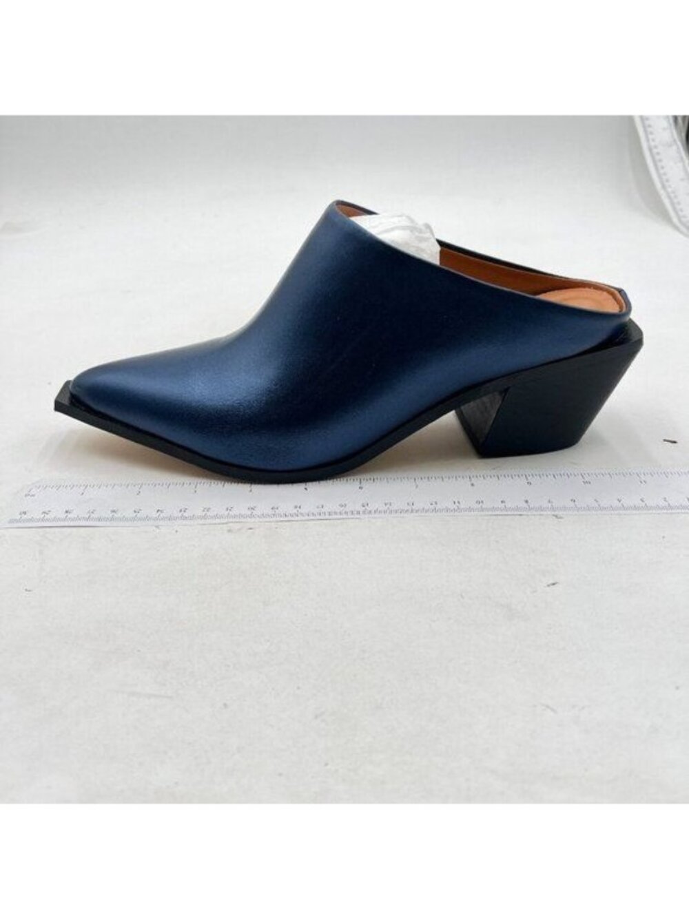 YDN Navy Classic Mules Slip On Slippers Chunky Heels Pointed Toe Party Shoes